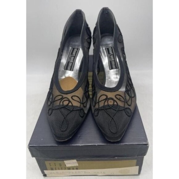 Stuart Weitzman Black Italian Leather Laced & Embroidered Kitten Heel Pumps 8.5 - Picture 2 of 4